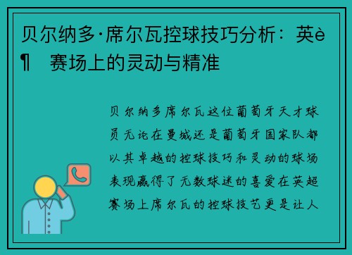 贝尔纳多·席尔瓦控球技巧分析：英超赛场上的灵动与精准
