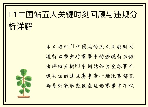 F1中国站五大关键时刻回顾与违规分析详解
